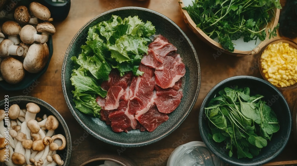 Freshly Prepared Shabu Shabu Ingredients Displayed Freshly Prepared Shabu Shabu Ingredients Displayed