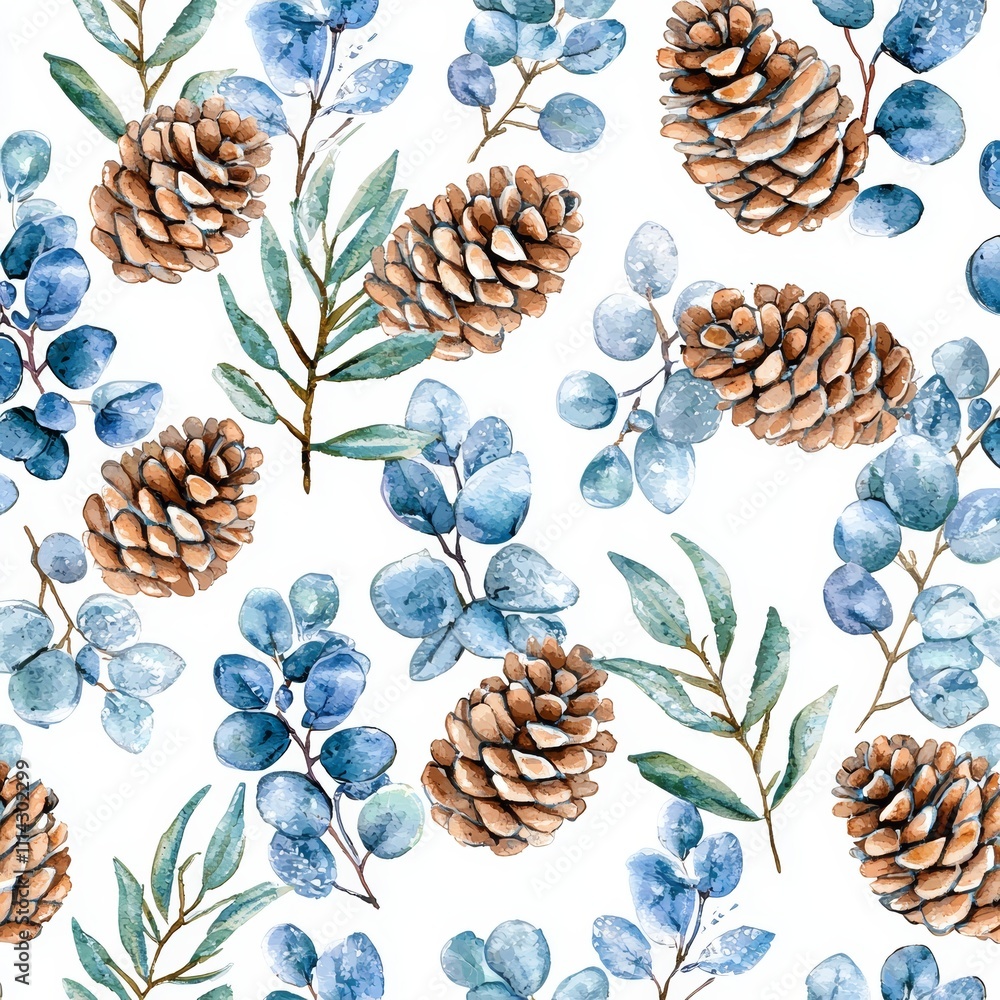 A 2022 stock illustration of a seamless pattern with a hand-painted watercolor winter forest spruce branch and cone. A 2022 stock illustration of a seamless pattern with a hand-painted watercolor winter forest spruce branch and cone.