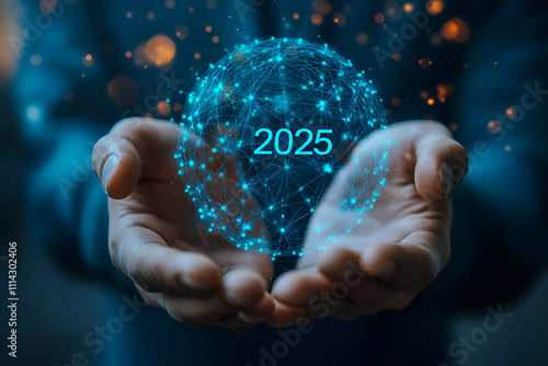 Businessman plan strategy marketing and finance to goal in 2025 planning business growth with technology AI and environmental care to New Year resolutions business. digital transformation 2025 photo