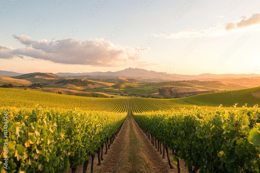 Fototapeta premium Vineyard Rows at Sunset Over Rolling Hills