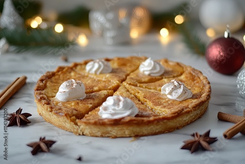 Golden-brown pumpkin pie, whipped cream dollop, cinnamon sticks, nutmeg, holly, marble counter, blurred fairy lights, holiday atmosphere, seasonal dessert