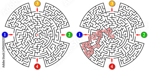 Circular labyrinth with many entrances. Find the right way and reach the center of the maze. Mental educational game template with clue. Vector illustration