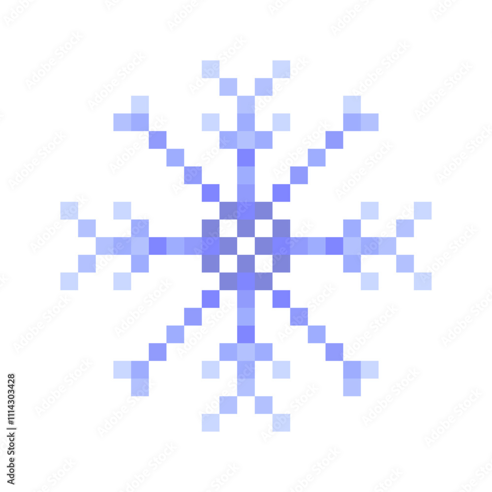 Blue snowflake pixel art isolated on a white background. Vector 8 bit illustration. Blue snowflake pixel art isolated on a white background. Vector 8 bit illustration.