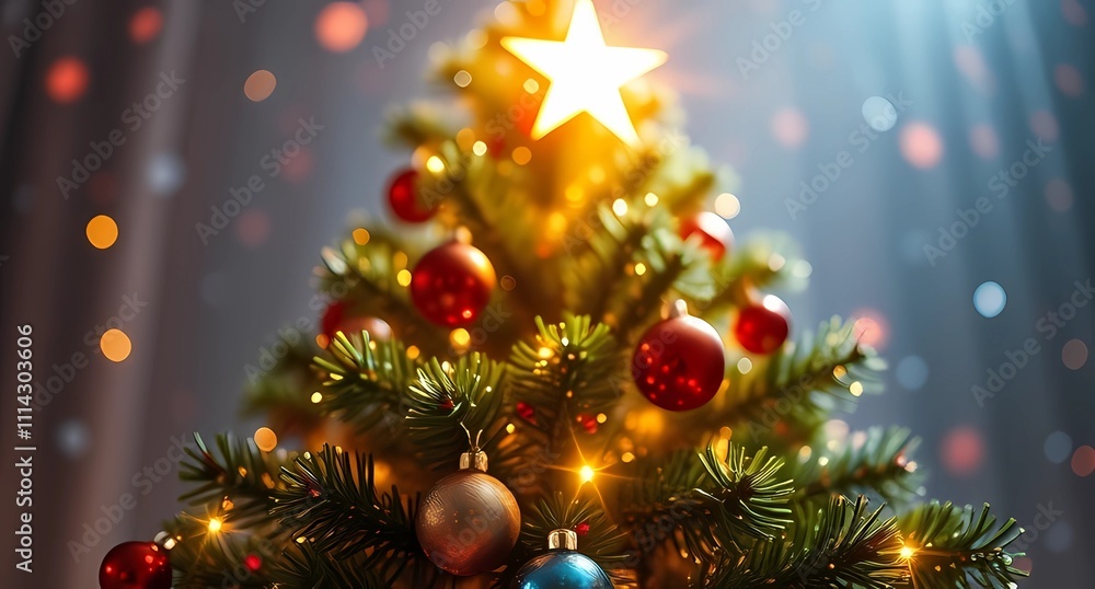 A Christmas tree filled with striking ornaments, including warm colored lights, a shining gold star at the top A Christmas tree filled with striking ornaments, including warm colored lights, a shining gold star at the top