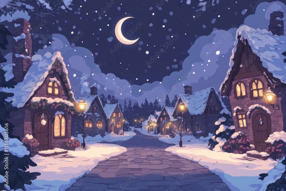 Naklejka premium A Cozy Snow Covered Village Underneath a Crescent Moon