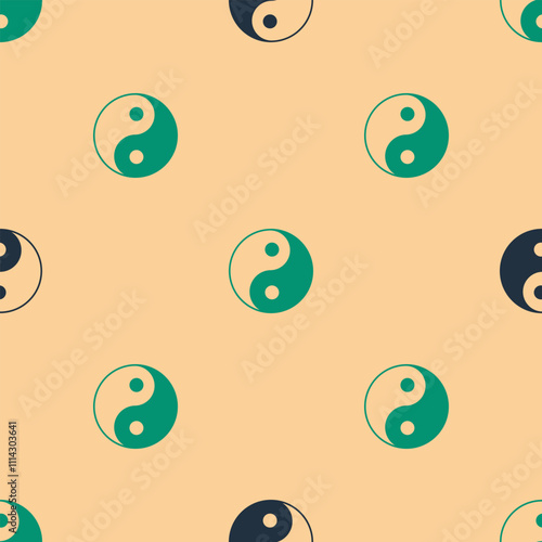 Green and black Yin Yang symbol of harmony and balance icon isolated seamless pattern on beige background. Vector