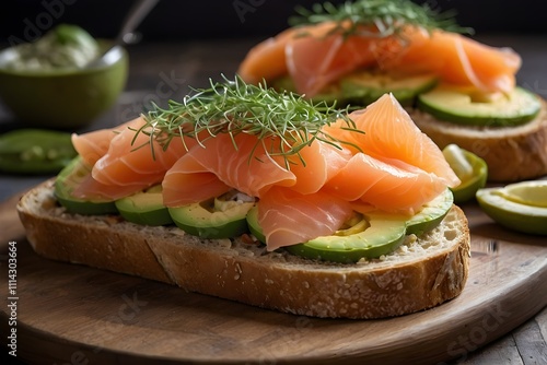 A rustic tartine on toasted sourdough, topped with creamy avocado, thinly sliced smoked salmon, fresh microgreens, capers, and a drizzle of olive oil. Garnished with lemon zest for added freshness. photo