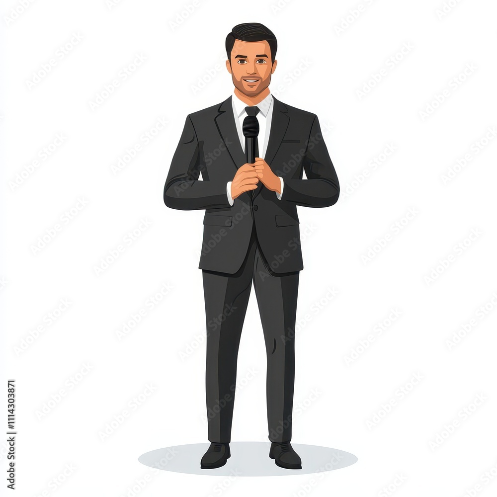 Front view illustration of a spokesman in a professional suit holding a microphone, isolated on a white background for media purposes.