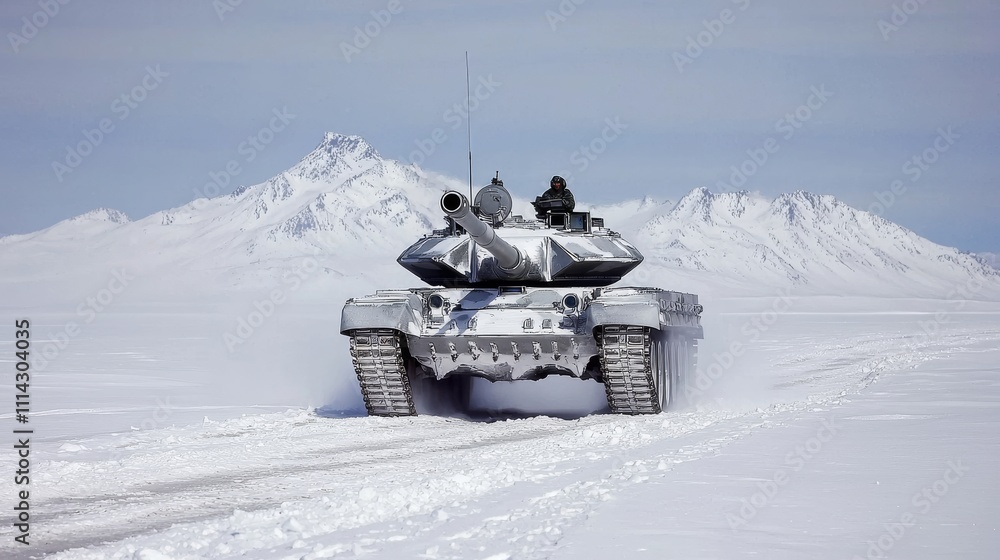Tank Maneuvering Through Snowy Mountains Remote Landscape Military Vehicle Winter Environment Aerial View Adventure Concept Tank Maneuvering Through Snowy Mountains Remote Landscape Military Vehicle Winter Environment Aerial View Adventure Concept