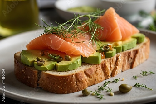 A rustic tartine on toasted sourdough, topped with creamy avocado, thinly sliced smoked salmon, fresh microgreens, capers, and a drizzle of olive oil. Garnished with lemon zest for added freshness. photo