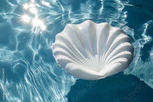 Bouée gonflable en forme de coquillage blanc flottant dans une piscine ensoleillée photo