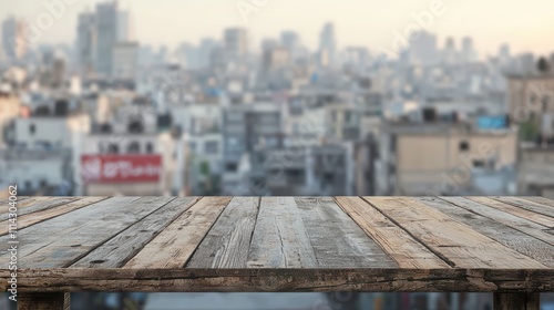 Rustic wooden table with a city skyline background
