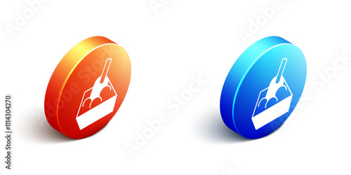 Isometric Cat litter tray with shovel icon isolated on white background. Sandbox cat with shovel. Orange and blue circle button. Vector