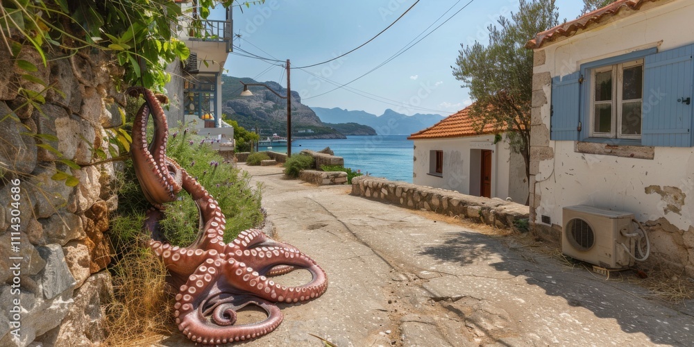 Fototapeta premium Coastal Greek Village Street Scene with Octopus Sculpture near the Mediterranean Sea under Sunny Sky