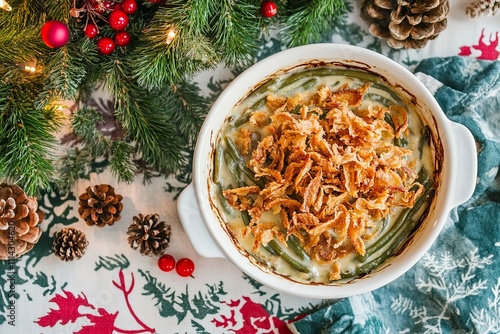 Green bean casserole, crispy fried onions, white ceramic dish, holiday table, colorful napkin, pinecones, berries, festive decor photo