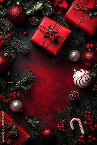 Christmas background with fir branches, red balls and gift boxes. Top view with copy space photo