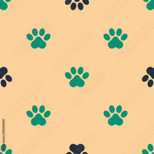 Green and black Paw print icon isolated seamless pattern on beige background. Dog or cat paw print. Animal track. Vector