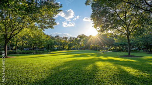 Fototapeta Naklejka Na Ścianę i Meble -  vibrant community park with lush green grass, trees, and sunlight. Families enjoy outdoor activities in serene environment