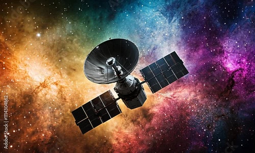 Satellite Orbiting Through a Colorful Cosmic Nebula.