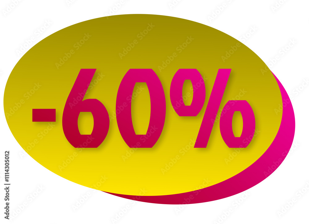 Promotion label, 60% off, yellow and pink. Promotion label, 60% off, yellow and pink.