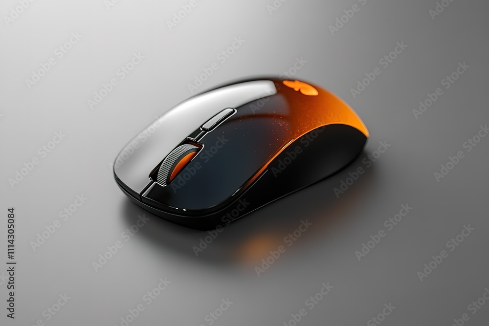 Computer mouse with a black body and orange buttons Computer mouse with a black body and orange buttons