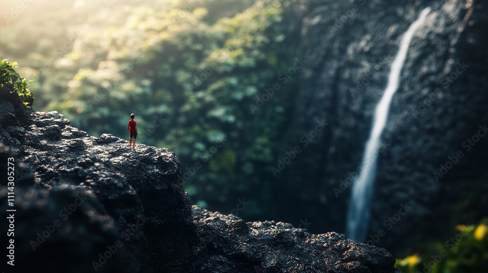 Cyclist riding past a waterfall in a lush forest Cyclist riding past a waterfall in a lush forest