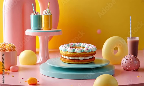 Pastel Dessert Still Life: Layered Cake, Drinks, and Spherical Treats on Pink and Yellow.