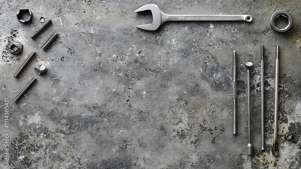 Tools and fasteners arranged on textured surface, showcasing various metal components like screws, nuts, and wrench, ideal for DIY projects