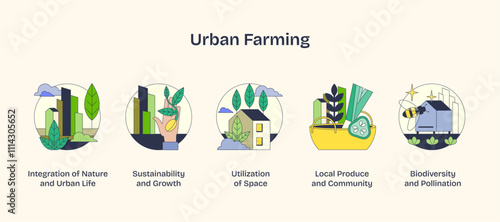 Urban farming icons depict integration of nature and city life with plants, buildings, and bees. Neubrutalism style