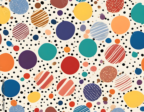 Multicolored curved checkered lines and confetti, polka dots, striped pattern on a light background