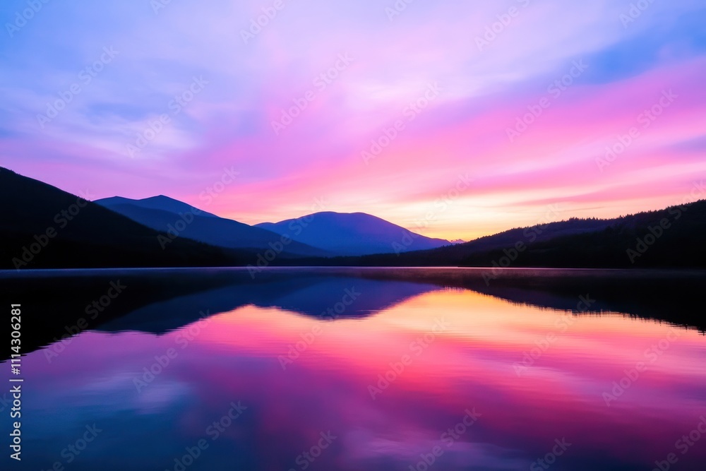 Obraz premium Serene Sunset Over Mountains Reflected In Still Lake Water