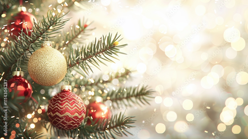 Festive red and gold ornaments with evergreen branches and a glowing bokeh background. Festive red and gold ornaments with evergreen branches and a glowing bokeh background.