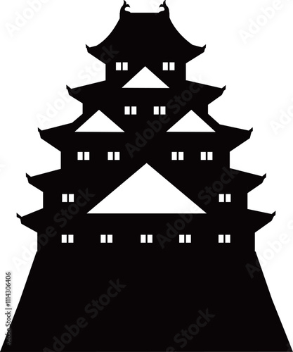 日本の城　五重五階の天守の白黒シルエットイラスト