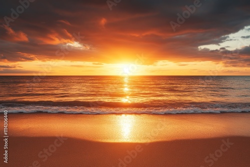 Golden Sunset Over Ocean Beach Scene