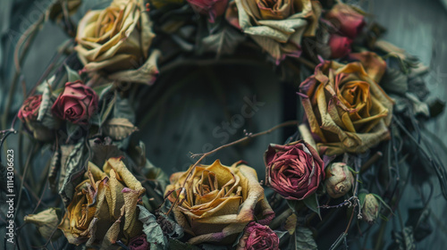 Elegant wreath made from dried roses and foliage, creating a timeless holiday decoration