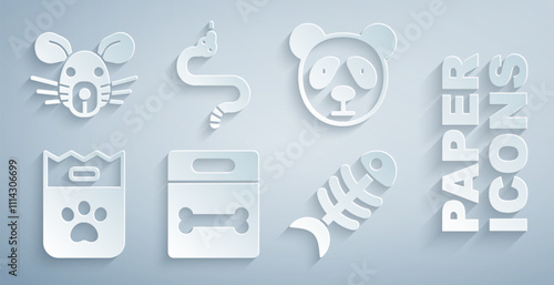 Set Dog bone, Cute panda face, Bag of food, Fish skeleton, Snake and Rat head icon. Vector