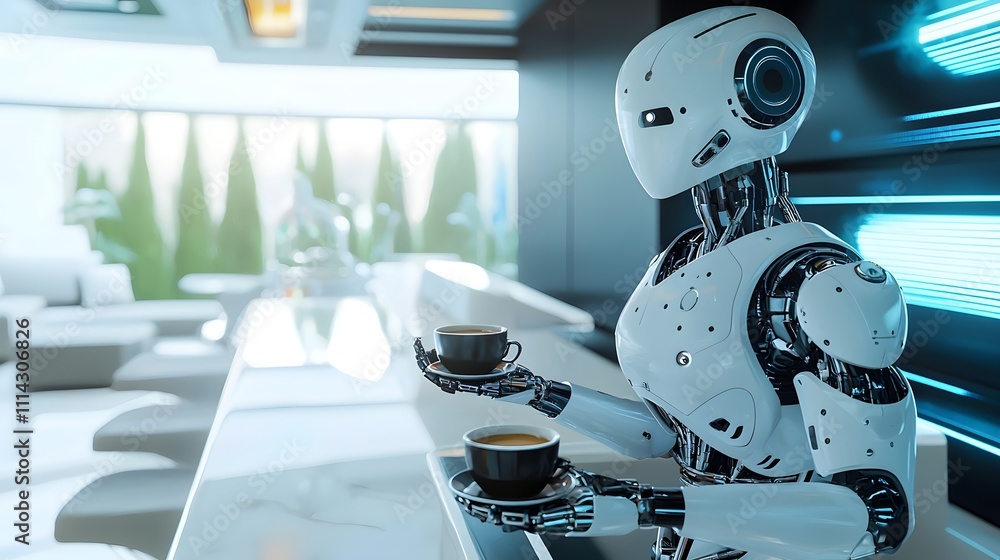 Futuristic Robot Preparing Coffee on a Bright Morning, Complete Robotics in Daily Tasks Futuristic Robot Preparing Coffee on a Bright Morning, Complete Robotics in Daily Tasks
