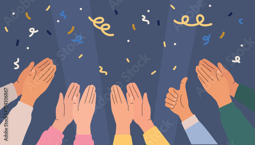 Illustration of hands clapping on a background with confetti. Crowd applause and congratulations on success. Vector illustration