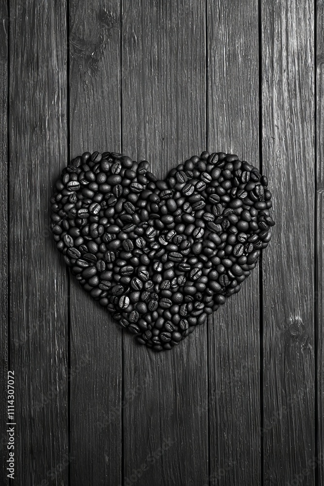 A top-down view of coffee beans forming a heart shape, featuring an organic coffee theme background. Flat lay backdrop with room for copy. A top-down view of coffee beans forming a heart shape, featuring an organic coffee theme background. Flat lay backdrop with room for copy.