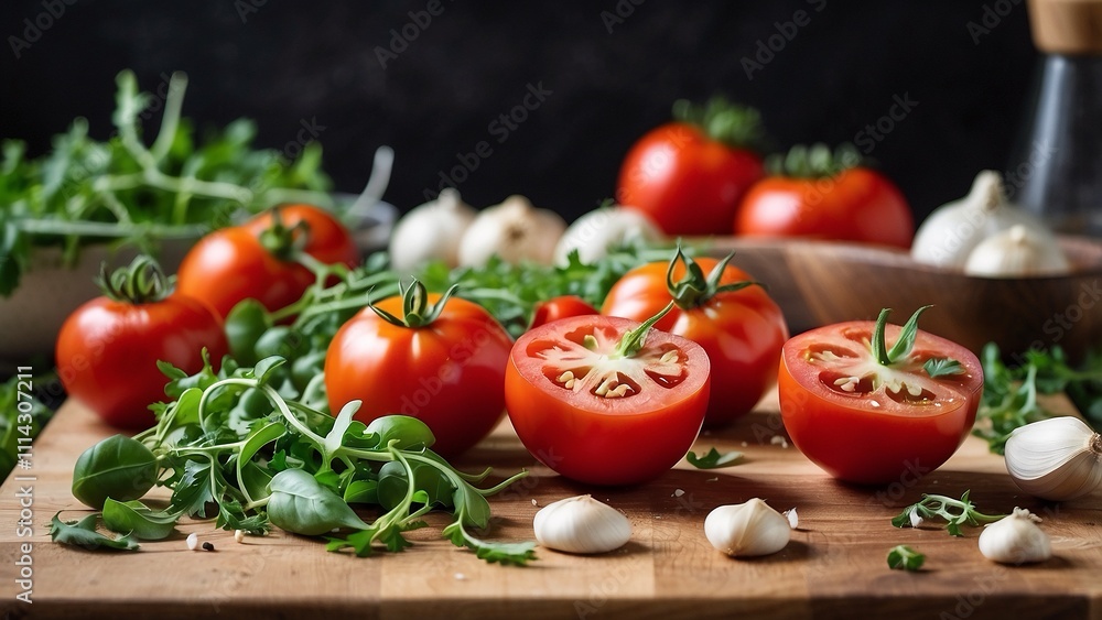 tomatoes and basil on wooden table tomatoes and basil on wooden table