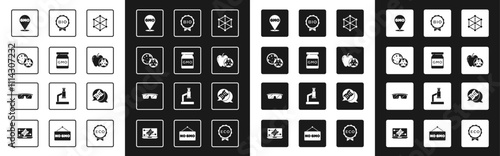 Set GMO, Genetically modified apple, Label for bio healthy food, DNA symbol and Laboratory glasses icon. Vector