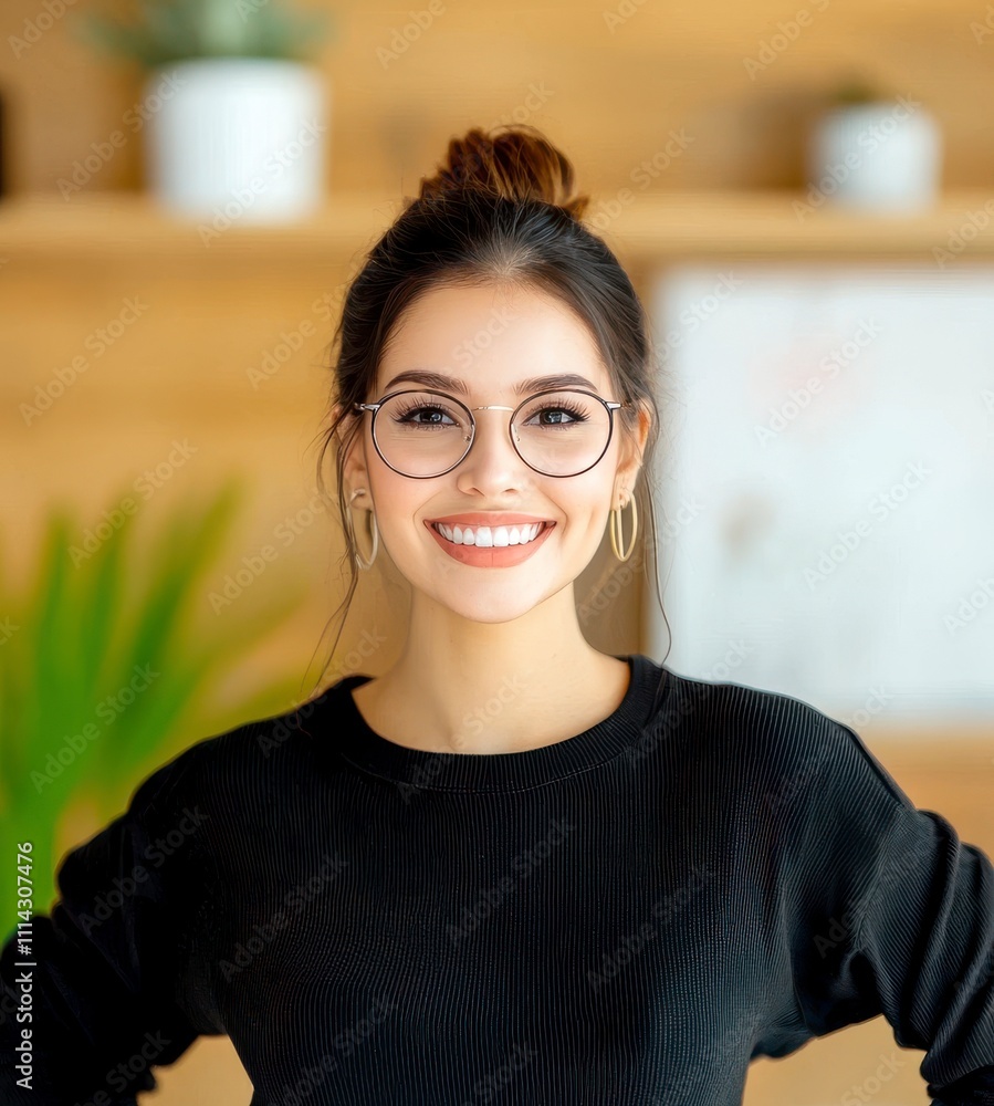 Boss woman leadership decision-making concept. Smiling woman with glasses against a warm, wooden background. Boss woman leadership decision-making concept. Smiling woman with glasses against a warm, wooden background.