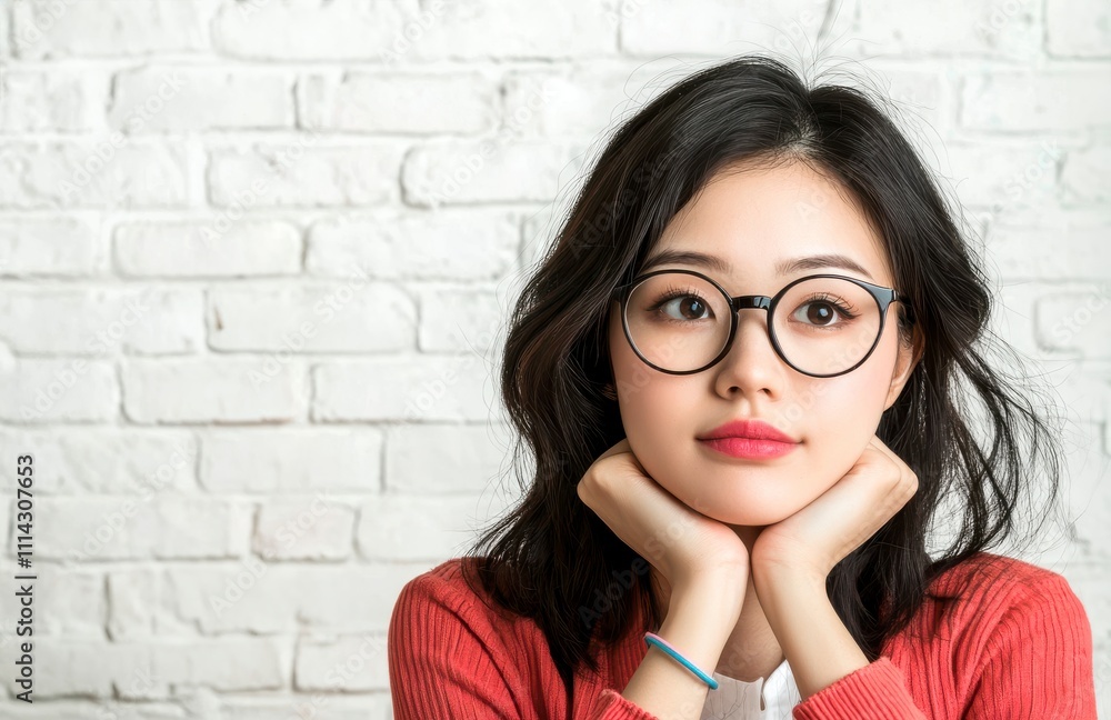 Boss woman leadership decision-making concept. Young woman in glasses with thoughtful expression against a brick wall. Boss woman leadership decision-making concept. Young woman in glasses with thoughtful expression against a brick wall.