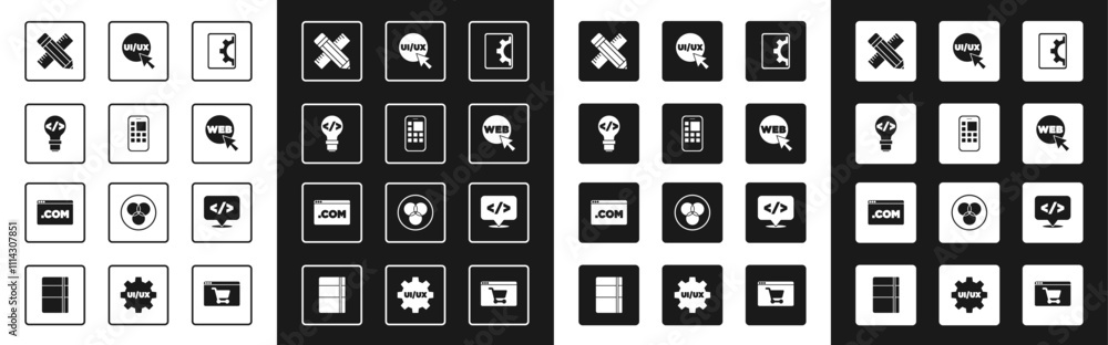 Set Web development, Mobile Apps, Front end, Crossed ruler and pencil, graphic design, UI or UX, and icon. Vector Set Web development, Mobile Apps, Front end, Crossed ruler and pencil, graphic design, UI or UX, and icon. Vector