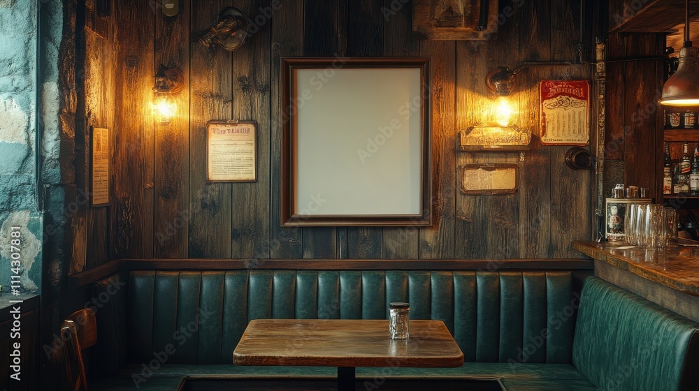 A blank picture frame hanging on the old textured wooden wall in a cosy old english or irish pub A blank picture frame hanging on the old textured wooden wall in a cosy old english or irish pub