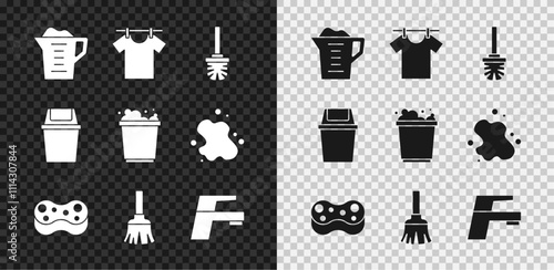 Set Washing powder, Drying clothes, Toilet brush, Sponge, Feather broom, Water tap, Trash can and Bucket with foam icon. Vector