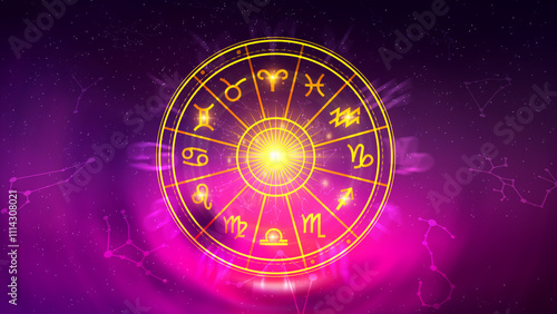 Concept of astrology and horoscope, person inside a zodiac sign wheel, Astrological zodiac signs inside of horoscope circle, Astrology, knowledge of stars in the sky, power of universe concept.