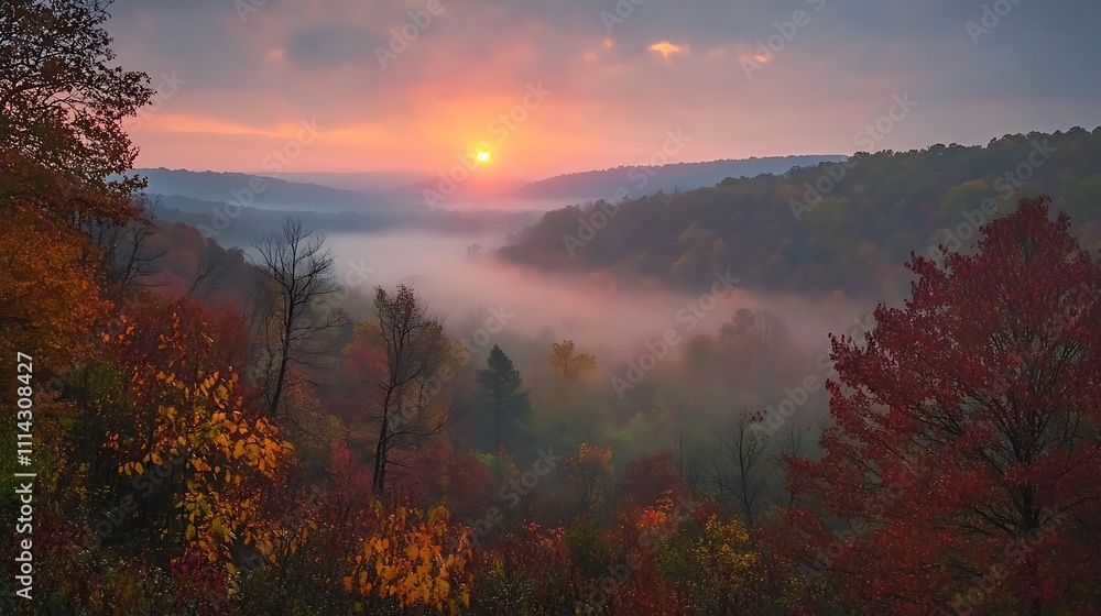 Fototapeta premium Autumn Sunrise Over Misty Valley Forest
