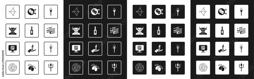 Set Torch flame, Bottle of olive oil, Minotaur, Medieval bow with arrow, Greece national flag, Comedy and tragedy masks, and Ancient column icon. Vector Set Torch flame, Bottle of olive oil, Minotaur, Medieval bow with arrow, Greece national flag, Comedy and tragedy masks, and Ancient column icon. Vector