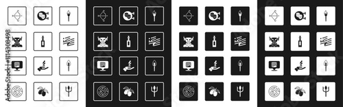 Set Torch flame, Bottle of olive oil, Minotaur, Medieval bow with arrow, Greece national flag, Comedy and tragedy masks, and Ancient column icon. Vector